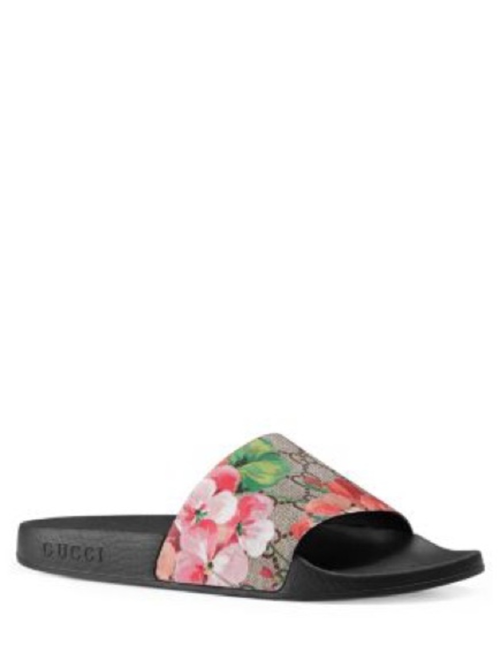 Gucci GG Floral Slide Sandal in Black and Pink 38